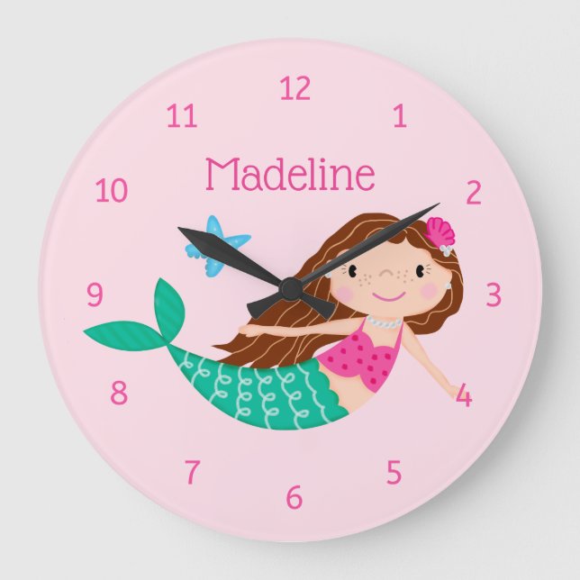 Cute Mermaid Whimsical Pink Personalized Große Wanduhr (Vorderseite)