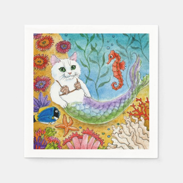 Cute mermaid white cat mercat party napkins serviette (Vorderseite)