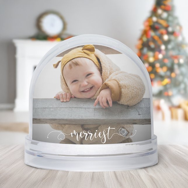 Cute Merriest Modern Calligraphy Photo Snow Globe Schneekugeln (Von Creator hochgeladen)