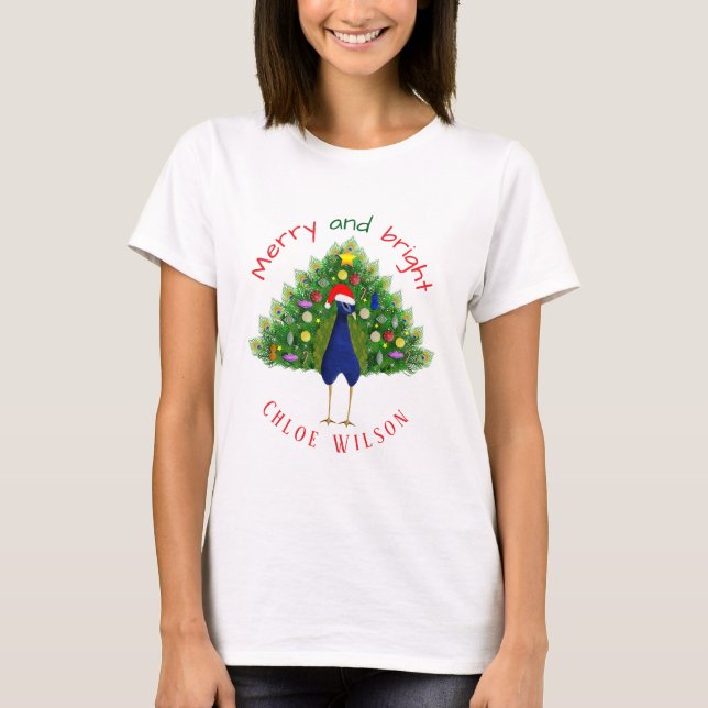 Cute Merry and Bright Christmas Tree Peacock T-Shirt (Vorderseite)