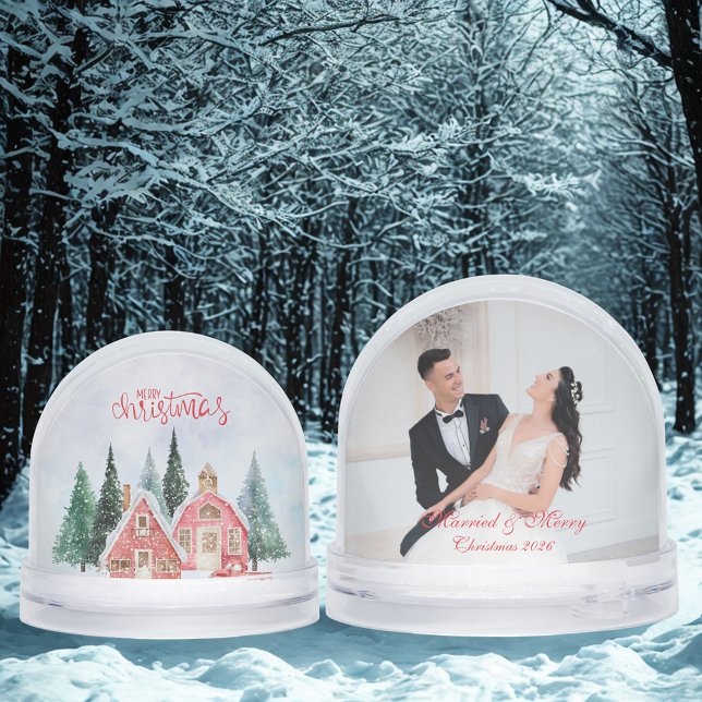 Cute Merry Christmas & Custom Wedding Couple Photo Schneekugeln (Von Creator hochgeladen)