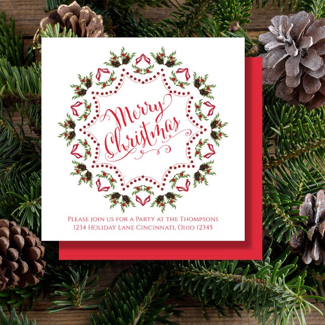 Cute Merry Christmas Custom Wreath  Einladung (Merry Christmas holiday party invitation with whimsical calligraphy script. )