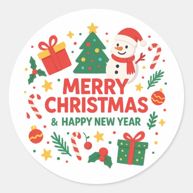 Cute Merry Christmas & Happy New Year Snowman&tree Runder Aufkleber (Vorderseite)
