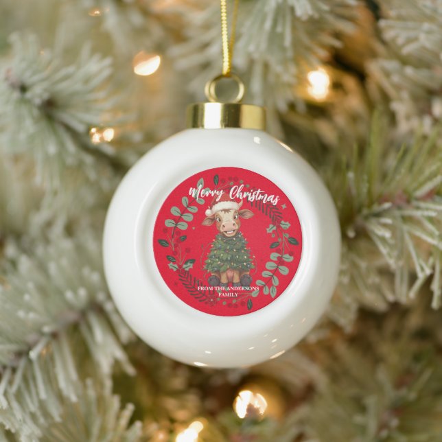Cute merry Cow Christmas tree calf ox Xmas pattern Keramik Kugel-Ornament (Baum)