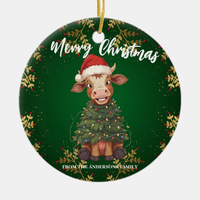 Cute merry Cow Christmas tree calf ox Xmas pattern Keramik Ornament (Vorne)
