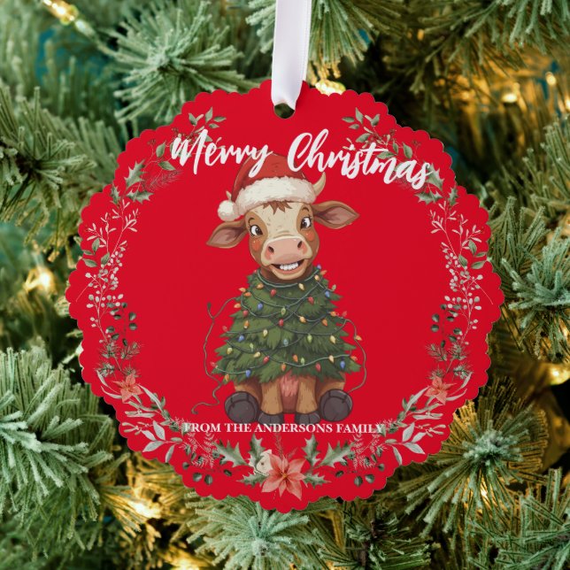 Cute merry Cow Christmas tree calf ox Xmas pattern Ornament Karte (Insitu (Baum))