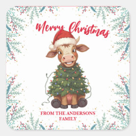 Cute merry Cow Christmas tree calf ox Xmas pattern Quadratischer Aufkleber