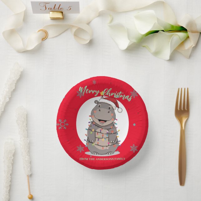 Cute merry Hippo christmas tree zoo safari Xmas  Pappteller (Hochzeit)
