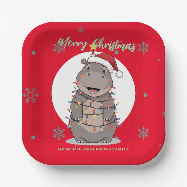 Cute merry Hippo christmas tree zoo safari Xmas  Pappteller (Vorderseite)