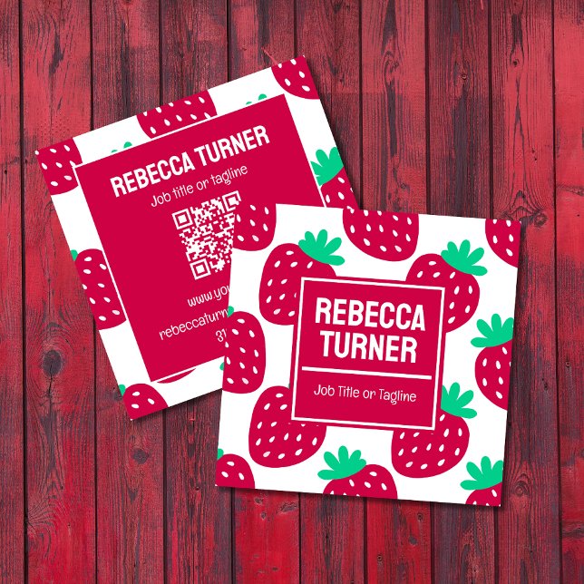 Cute Minimal Strawberry Pattern, QR Code Quadratische Visitenkarte (Von Creator hochgeladen)