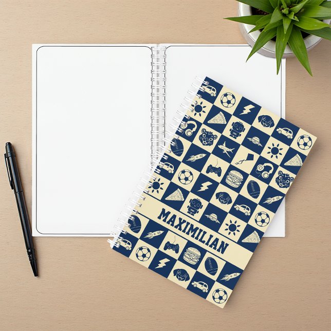 Cute Modern Blue Checkered Icons Pattern Boy's Fun Notizbuch (Von Creator hochgeladen)