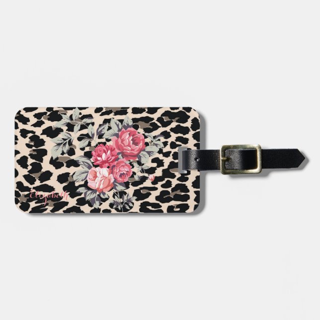 Cute Modern Flowers on Leopard Print-Personalized Gepäckanhänger (Vorderseite horizontal)