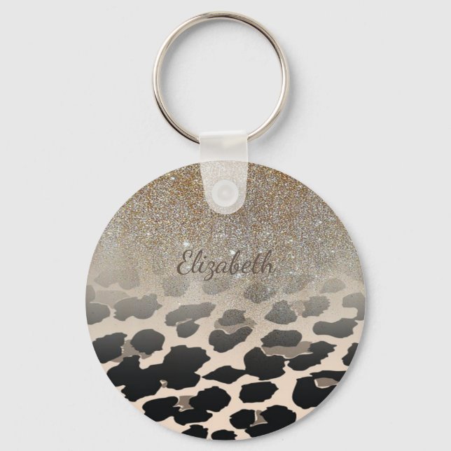 Cute Modern Flowers on Leopard Print-Personalized Schlüsselanhänger (Vorderseite)