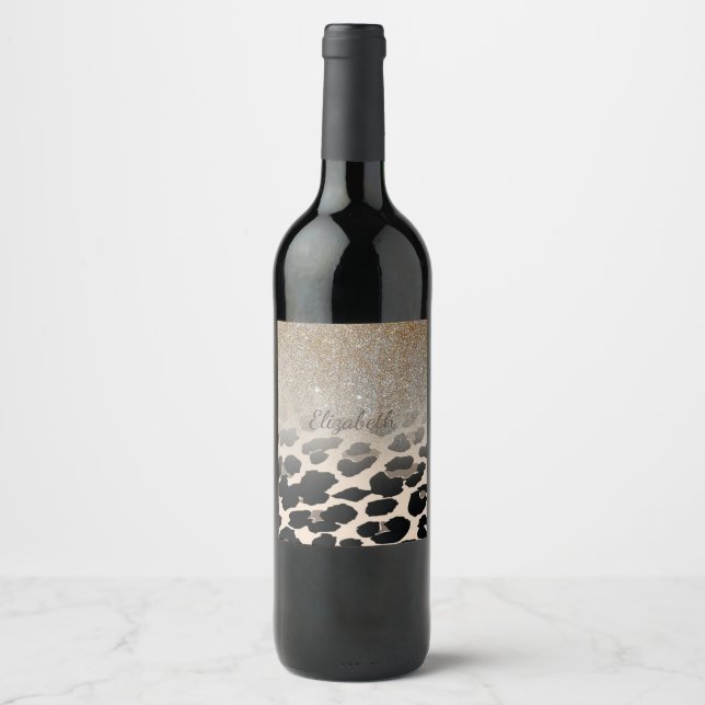 Cute Modern Flowers on Leopard Print-Personalized Weinetikett (Vorderseite)