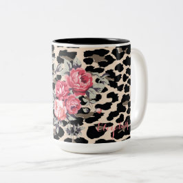 Cute Modern Flowers on Leopard Print-Personalized Zweifarbige Tasse