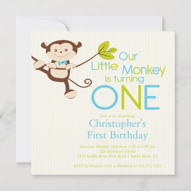 Cute Modern Monkey 1er anniversaire Invitations (Devant)