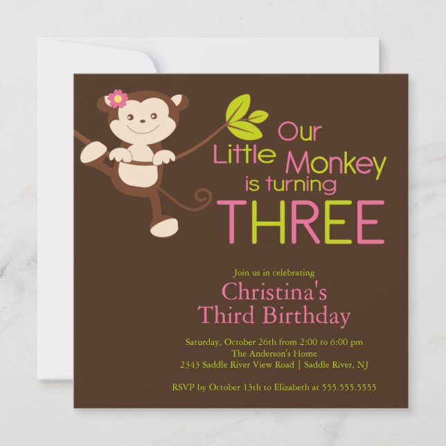 Cute Modern Monkey 3e anniversaire Invitations (Devant)