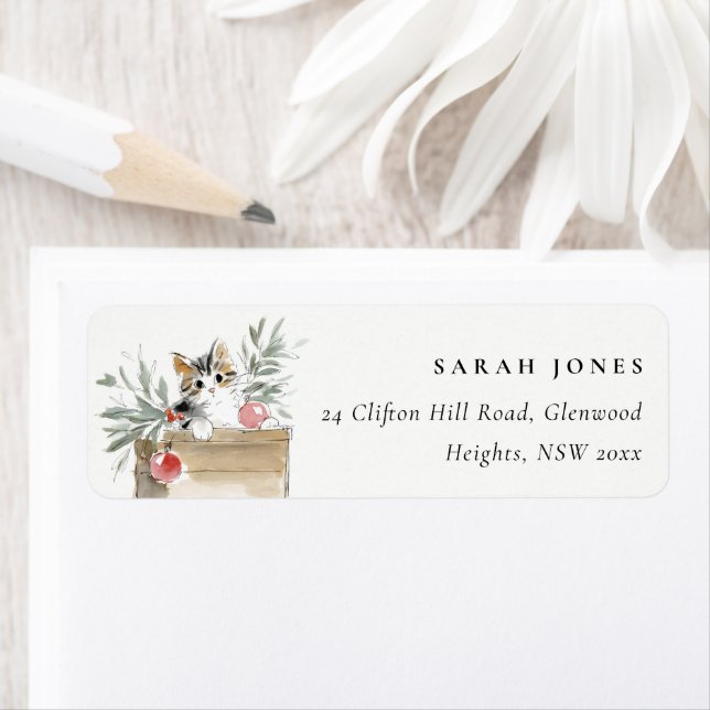Cute Modern Watercolor Christmas Box Cat Address (Insitu)