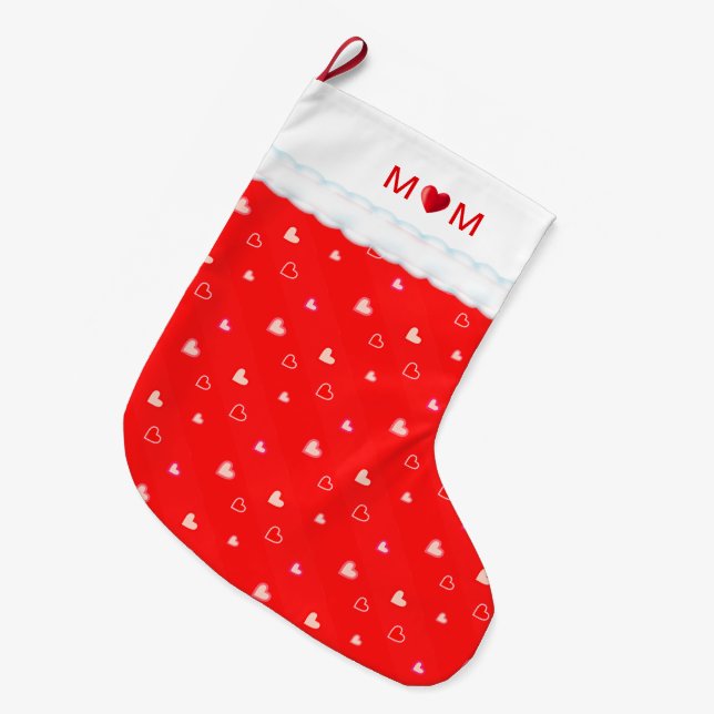 Cute Mom with Heart & Heart Pattern on Red Großer Weihnachtsstrumpf (Vorderansicht (hängend))