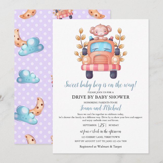 Cute Monkey Boy Baby Shower Drive Through   Einladung (Vorne/Hinten)