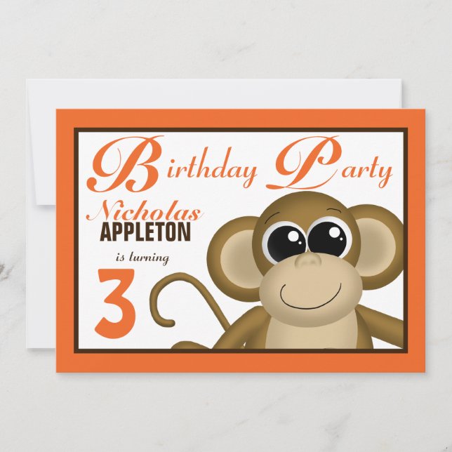 Cute Monkey Orange Anniversaire Invitations (Devant)
