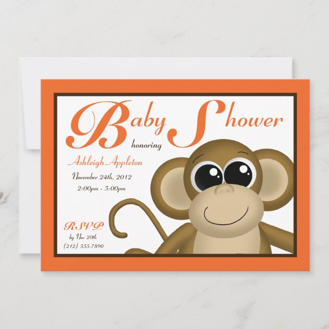 Cute Monkey Orange Baby Shower Invitations (Devant)