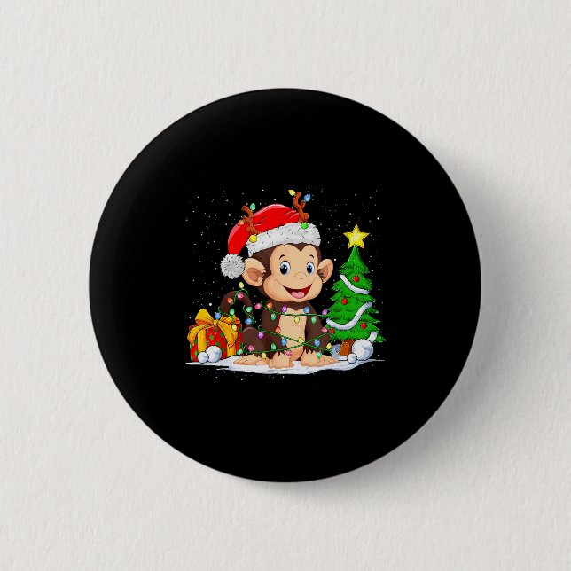 Cute Monkey Santa Christmas Tree Lights Xmas Pajam Button (Vorderseite)