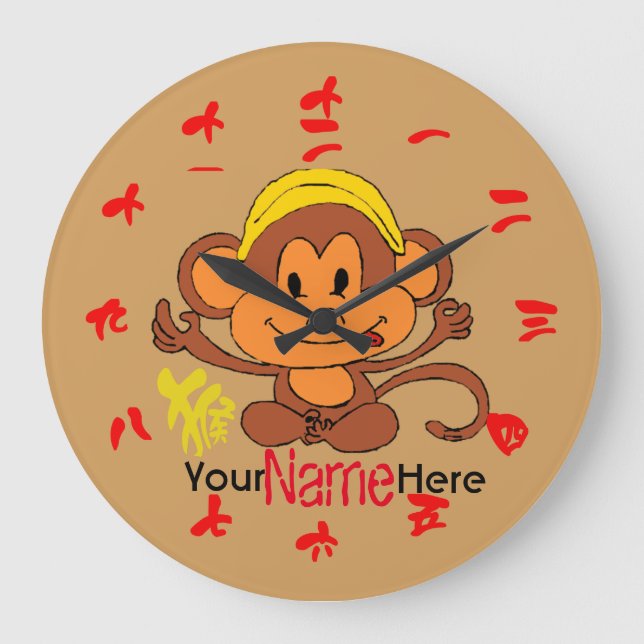 Cute Monkey with Chinese Numerals and Characters Große Wanduhr (Vorderseite)