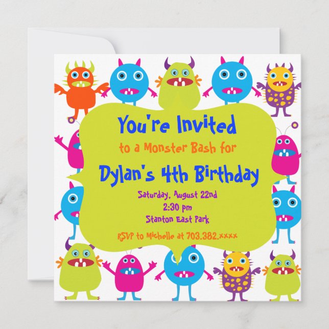 Cute Monster Anniversaire Fête Invitation Modèles (Devant)