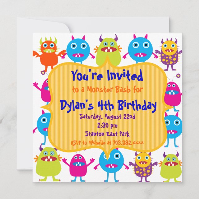 Cute Monster Anniversaire Fête Invitation Modèles (Devant)