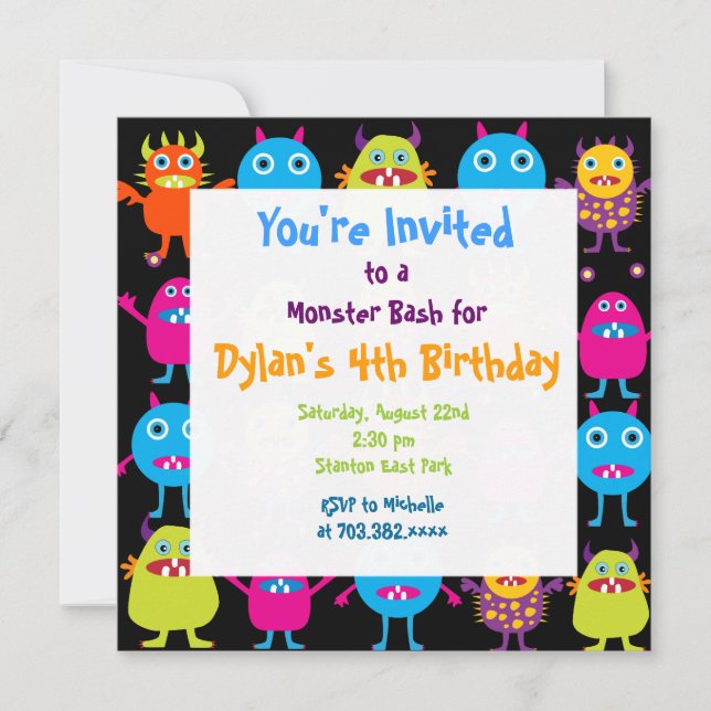 Cute Monster Anniversaire Fête Invitation Modèles (Devant)