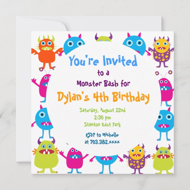 Cute Monster Anniversaire Fête Invitation Modèles (Devant)