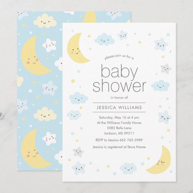 Cute Moon Nuages & Étoiles Baby shower Invitation (Devant / Derrière)