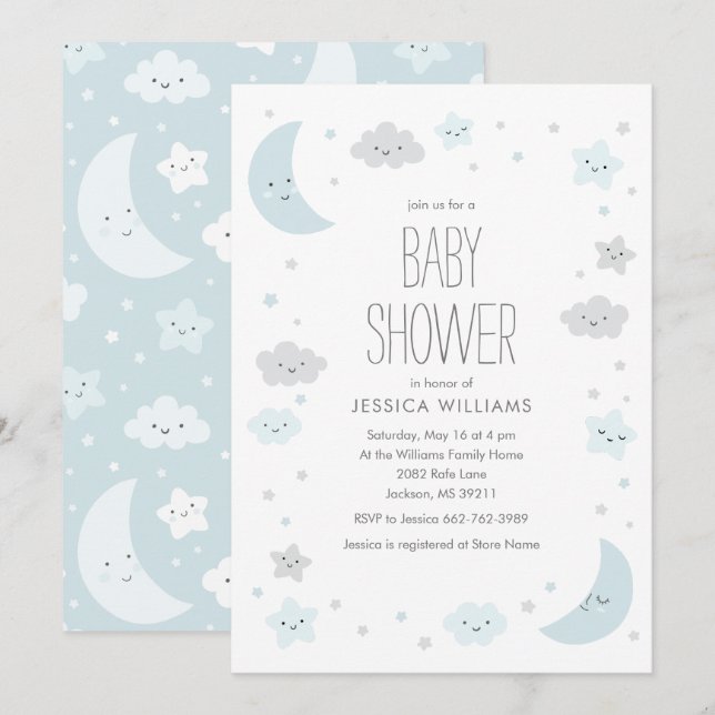 Cute Moon & Stars Frame Boy Baby shower Invitation (Devant / Derrière)
