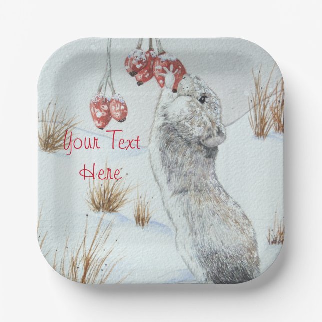 Cute mouse and red berries snow scene wildlife art pappteller (Vorderseite)