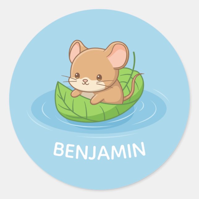 Cute Mouse in a Leaf Boat Blue Custom Name Runder Aufkleber (Vorderseite)