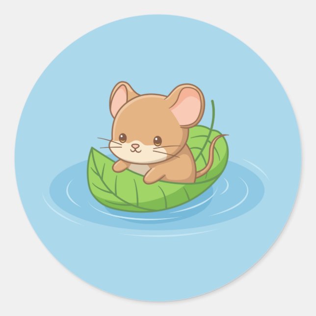 Cute Mouse in a Leaf Boat Blue Runder Aufkleber (Vorderseite)