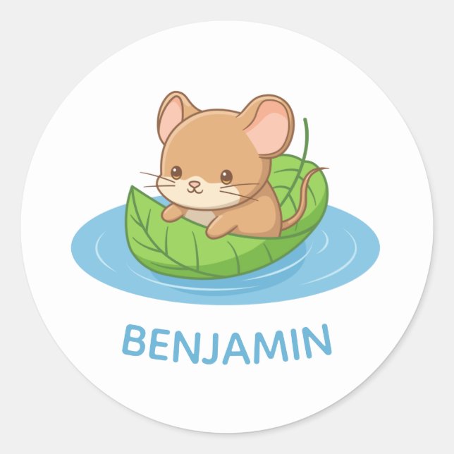 Cute Mouse in a Leaf Boat Custom Name Runder Aufkleber (Vorderseite)