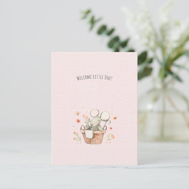 Cute Mouse With Flowers Welcome New Baby Card Postkarte (Stehend Vorderseite)