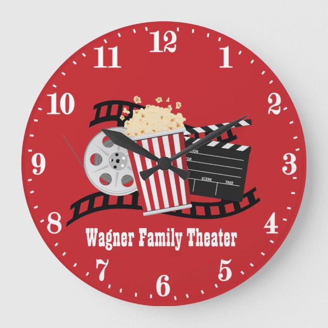 cute movie popcorn add name theater große wanduhr (Vorderseite)