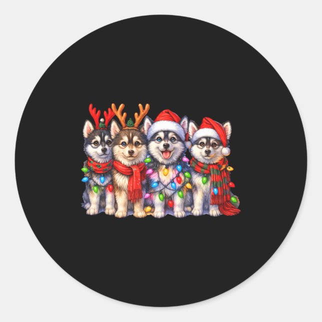 Cute Msky Christmas Dogs With Lights Long Sleeve  Runder Aufkleber (Vorderseite)