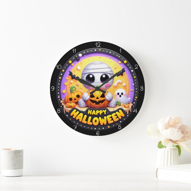 Cute Mummy Happy Halloween  Große Wanduhr (Zuhause)