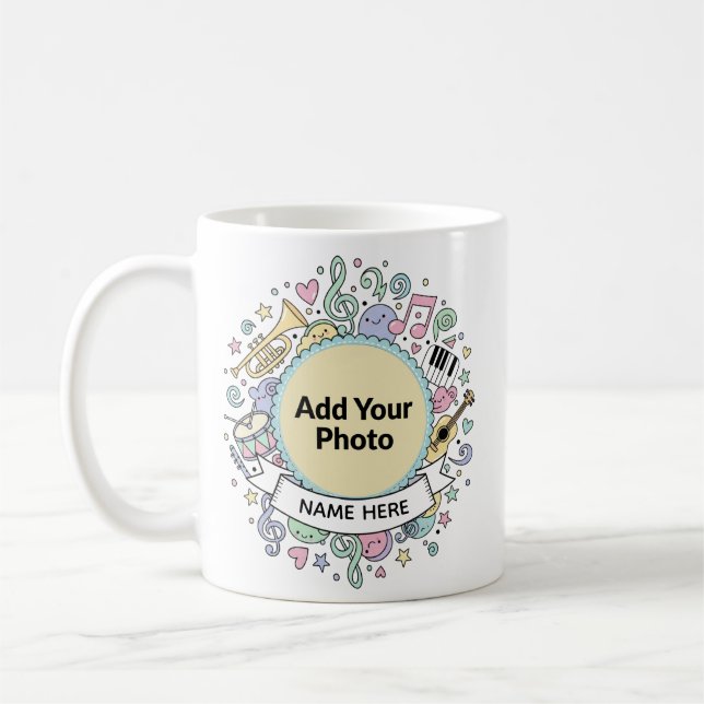 Cute Musical Doodles Kids Custom Photo  Name Mug Kaffeetasse (Links)