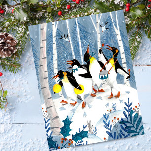 Cute musiciens bleus pingouins neige amusant carte