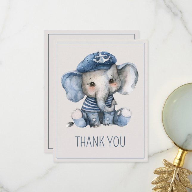 Cute Nautical Blue Baby Elephant Baby Shower Dankeskarte (Vorderseite/Rückseite Beispiel)