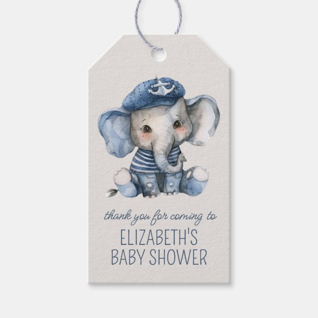 Cute Nautical Blue Baby Elephant Baby Shower Geschenkanhänger (Vorderseite)