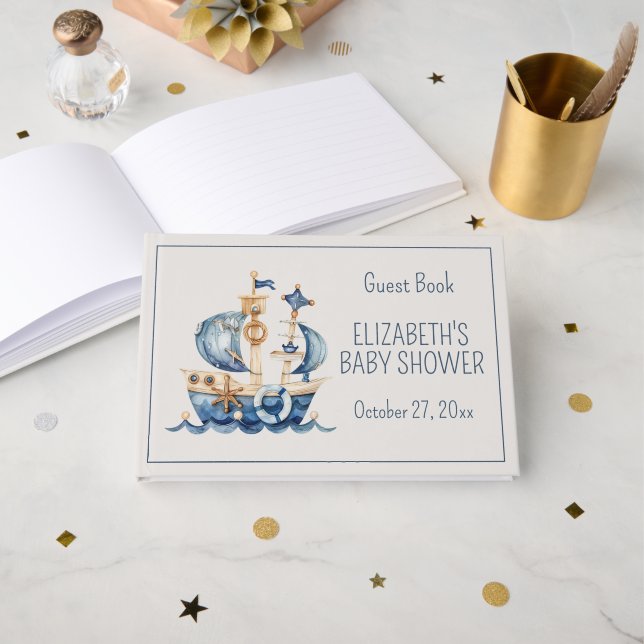 Cute Nautical Blue Sailing Ship Baby Shower Gästebuch (Vorderseite Offen)