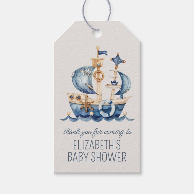 Cute Nautical Blue Sailing Ship Baby Shower Geschenkanhänger (Vorderseite)
