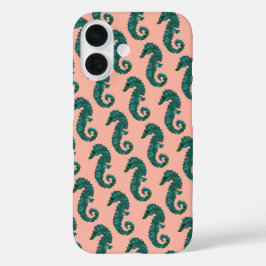 Cute Nautical Teal and Coral Seahorse Pattern iPhone 16 Hülle