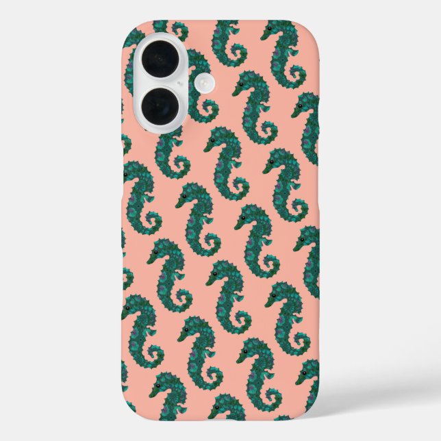 Cute Nautical Teal and Coral Seahorse Pattern iPhone 16 Hülle (Rückseite)